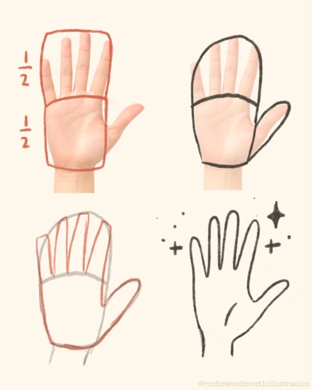 An easy way to draw hands is to think of them like mittens! And to remember that fingers form 50% and the palm the other 50% of the hand 🖐️🥊😊✨

I go a little more in depth in my Hands and Feet mini tutorial, which is part of my Starter Bundle which contains 15 of these mini tutorials (plus both my Procreate brush packs and most used color palettes)! 😁

#drawingtips #drawingtipsandtricks #arttips #arttipsandtricks #drawingtutorial #drawingtutorials